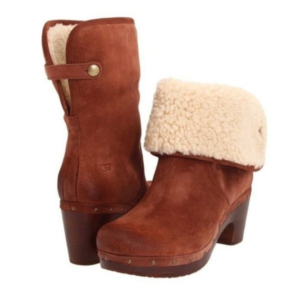 ugg | lynnea shearling cuff suede wooden heel platform boot cognac brown 8 - Picture 1 of 8